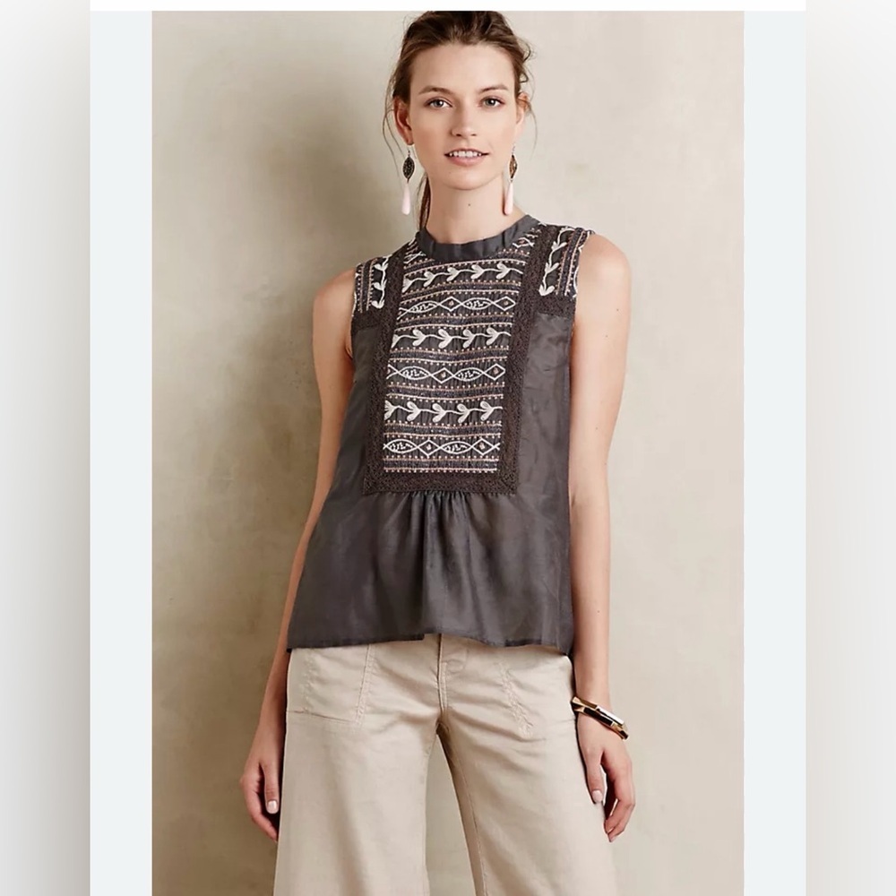 TINY x Anthropologie Embroidered Crochet Mock Neck Silk Blend Peasant Top Small